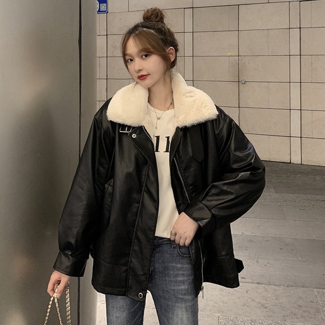 ブラックレザージャケット スプリングオータムルーズ 春物 秋物 試着室60769647362