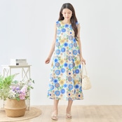TRUBE 花柄イラストプリントノースリーブワンピース【M~L】ブルー