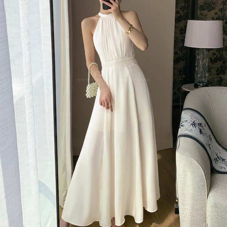 細見えウエスト 上品ベージュロングワンピース YH9093