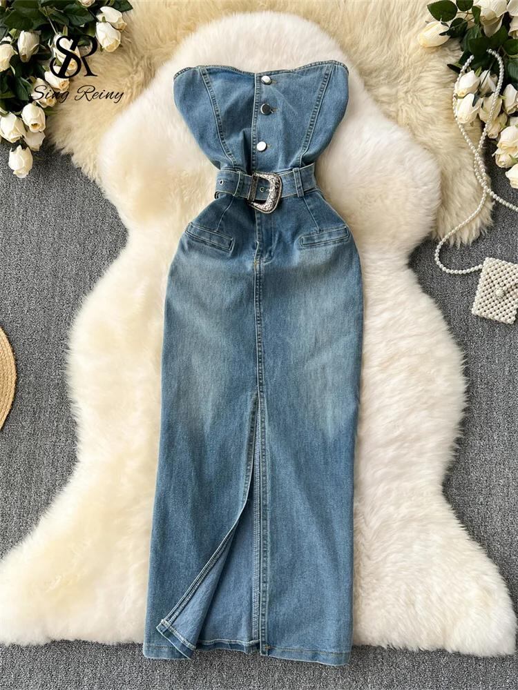 Sing補強-ジッパーとボタン付きのノースリーブストラップレスデニムドレス、セクシーなボディコンドレス、ベルトデザイン、アメリカのストリートウェア、分割、夏、2024_303