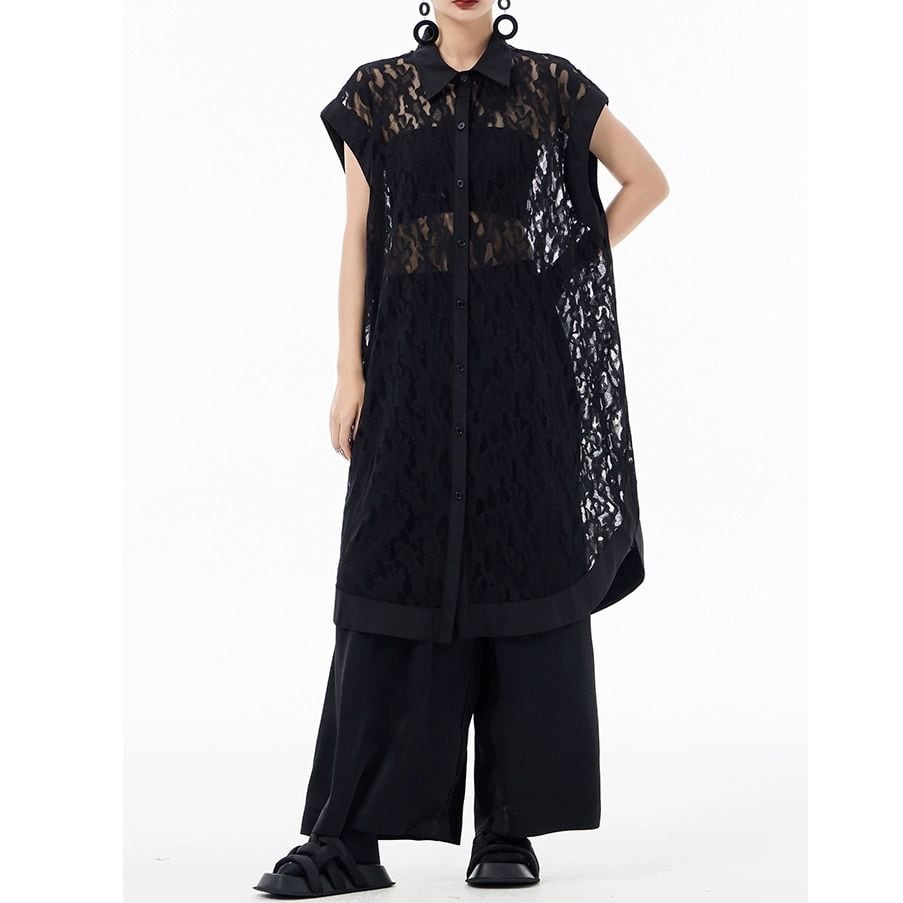 LACE SLEEVELESS MIDI LONGLINE SHIRT 2colors M-9338