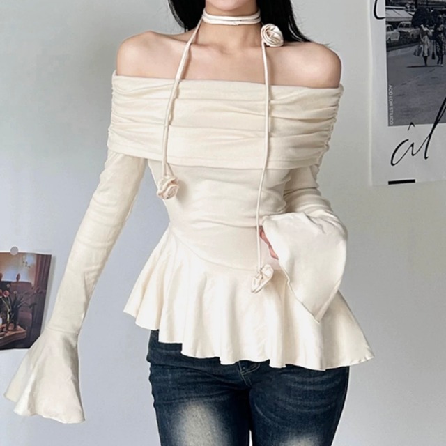 ペプラムオフショルトップス薔薇チョーカーset