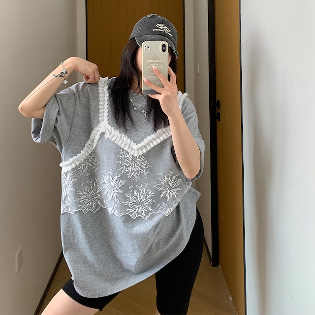 feichaiyoulaileレイヤードデザインオーバーサイズ半袖Tシャツ