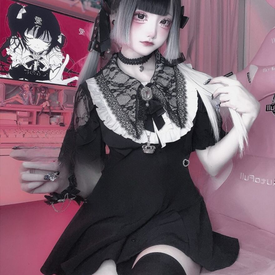 地雷系 3点セット ワンピース×パンツ×ネックリボン Y2K｜WithU