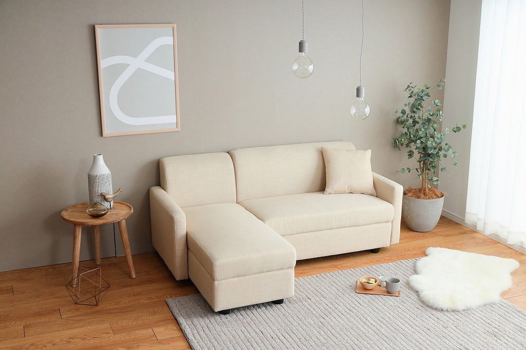 北欧デザイン 収納付きカウチソファ（ベージュ）北欧家具 シンプル