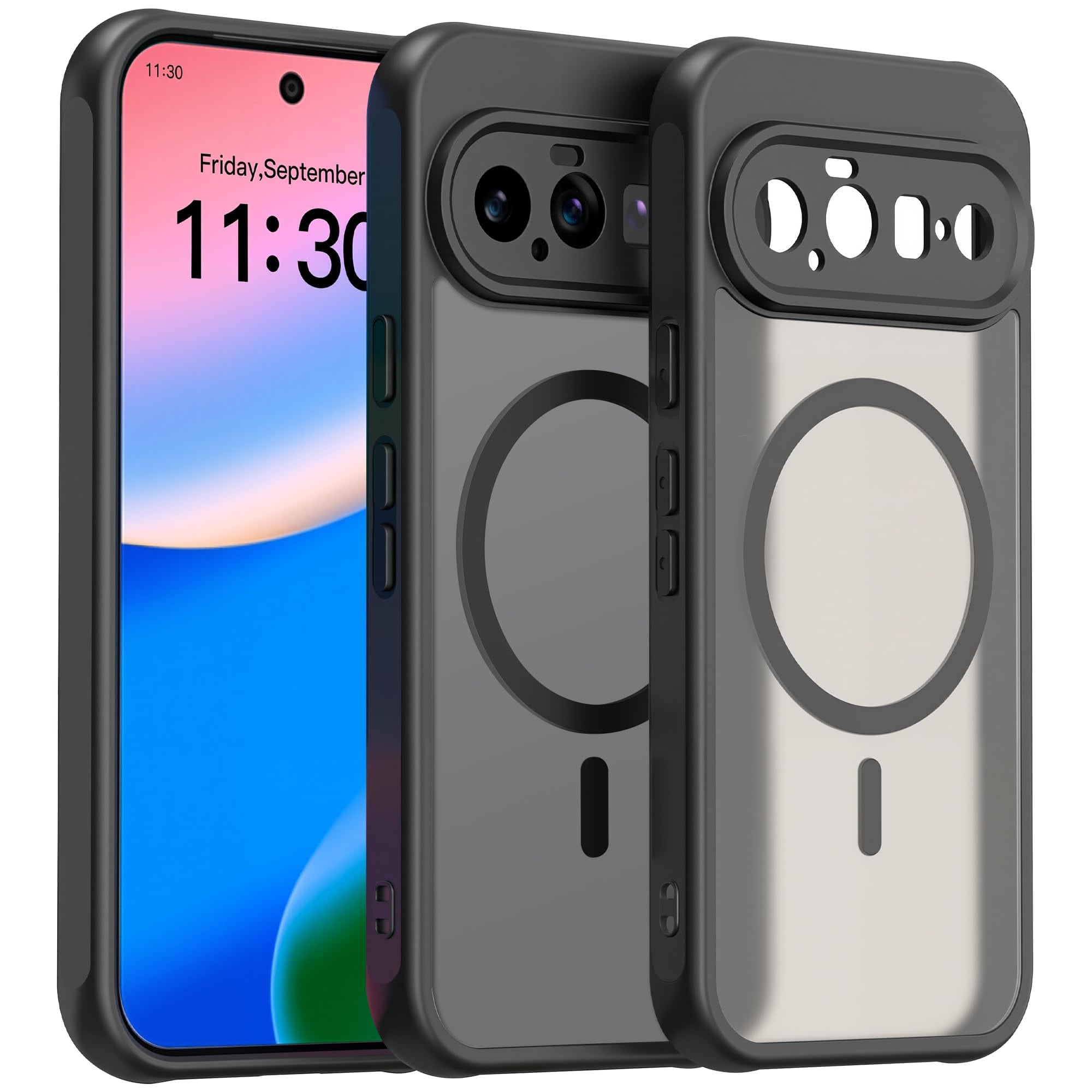 ZXZone Pixel 11 ケース 半透明 マット感ケース 【Magsafe対応】 耐衝撃 画面保護 レンズ保護 米軍MIL規格 滑り止め 指紋防止 ストラップホール付き ワイヤレス充電対応 スマホケース グーグルピクセル11 カバー ブラック(Pixel 11 対応)
