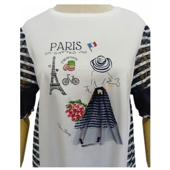 新作【新品】スーパービューティーボーダーレース切替ParisプリントＴシャツ44 50%OFFセール】スーパービューティー カットソー パリジェンヌ
