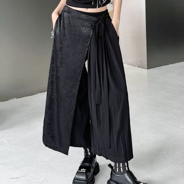 BLACK ASYMMETRIC A-LINE DESIGN WIDE LEG CROPPED PANTS 1color M-8947