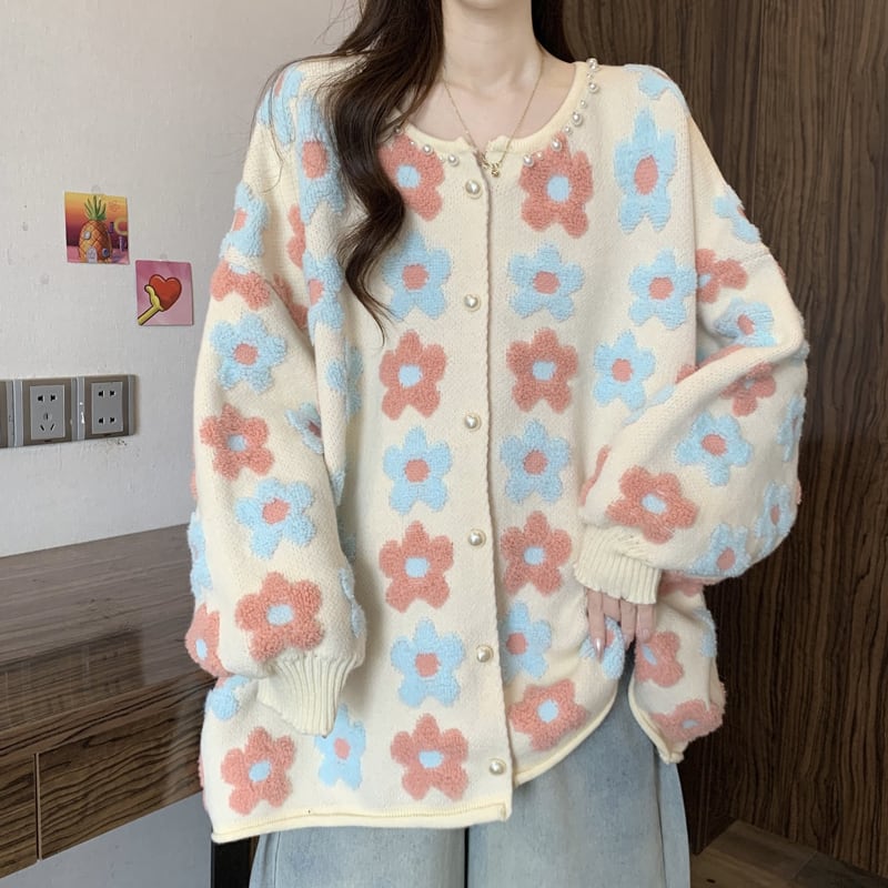 【outer】フラワー柄ニットカーディガン Q7694