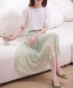 トップス スカート セットアップ シャツ ブラウス フレアスカート ミモレ丈 ロング 5分袖 Uネック Aライン 上下セット きれいめ 大人 エレガント 無地 春 夏 秋 レディース オフィス ビジネス デート お出かけ 休日 旅行 韓国 ファッション スタイル 送料無料 S M L XL