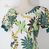 フラダンス 衣装 ワンピース ドレス ホワイト系 MAKANANI モンステラ柄 ハワイアンプリント アロハ フラ ダンス レッスン 練習 フリル 半袖 華やか 鮮やか かわいい おしゃれ グリーン系 イエロー系 ブラウン系 白 緑 黄緑 黄 茶 フラダンス衣装 ハワイアンワンピース カラフル 練習着 女性用 かわいいデザイン リゾート カジュアル 軽量