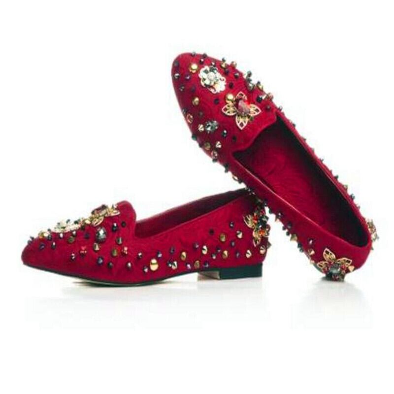 【新作】【送料無料】 レッドブラックジャックファブリックフラットローファーラグジュアリービーズアップリケシューズレディースヴィンテージシューズ 靴 ビンテージ 10b333246070696