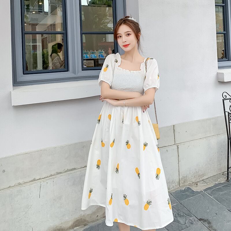 【新作】【送料無料】 マタニティウェア2020夏の新しい綿とリネンのパイナップル刺繍スクエアネックドレス、トレンディな母親のミドル丈マタニティドレス-アリババ コットン サマー 夏物 スクウェア expec229980549607