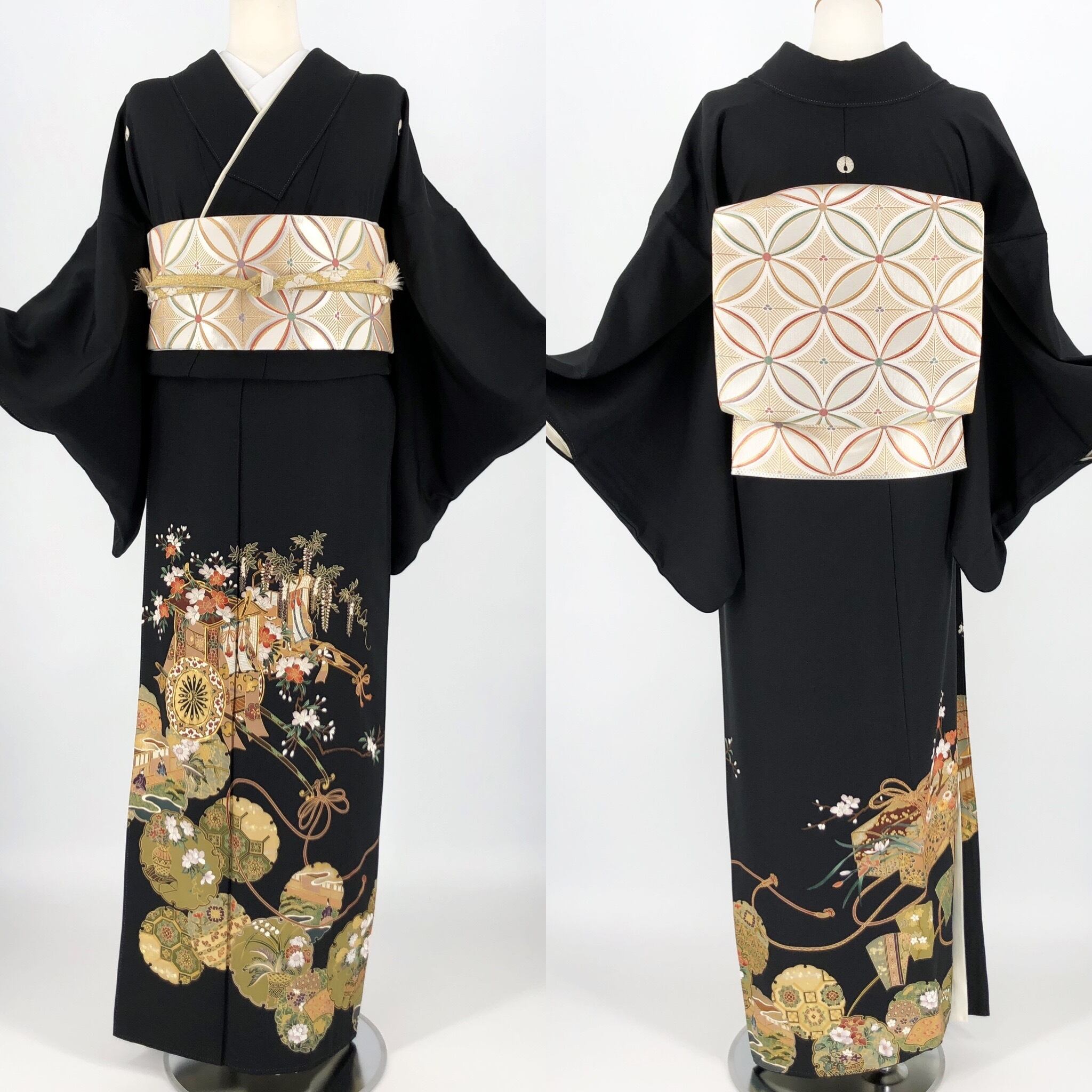 訪問着　フルセット　御所車　熨斗　紐模様　四季草花　着物　L1 黒留袖レンタル フルセット 御所車四季草花唐花文 MLサイズ 016