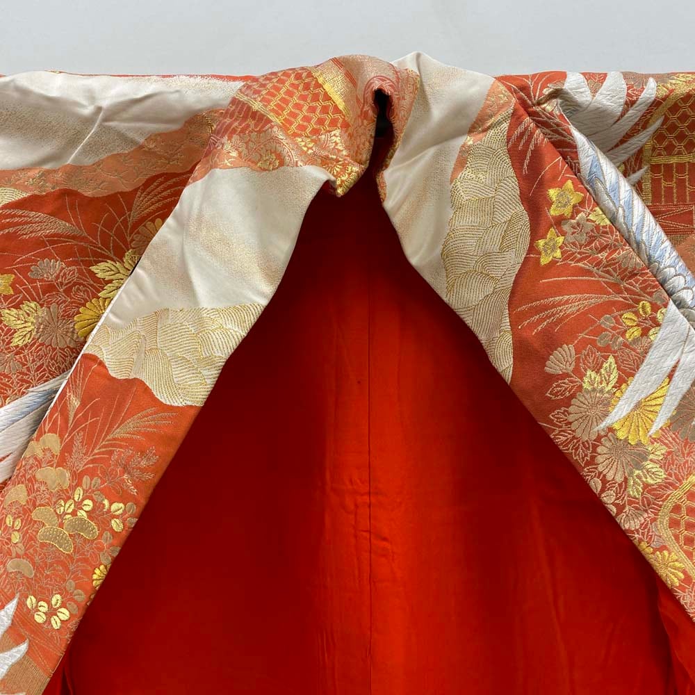 色打掛 正絹 鶴 刺繍 オレンジ 白 打掛 Mサイズ 裄65 花嫁衣裳 婚礼