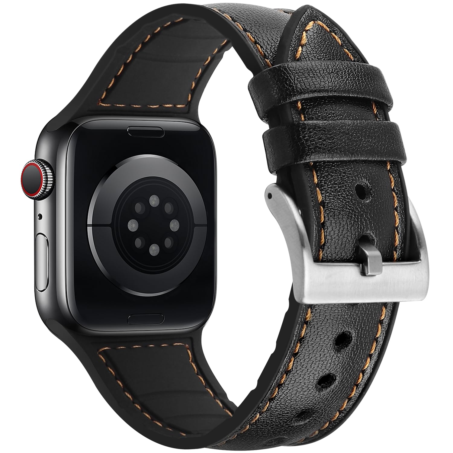 【在庫のみ】コンパチブル Apple Watch バンド 41mm 40mm 38mm、コンパチブルiWatch通用ベルト Apple Watch SE2 SE Series 9/8/7/6/5/4/3/2/1に対応 レザーシリコン一体型交換ストラップ (38mm 40mm 41mm、ブラック)