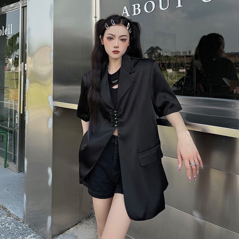 Styleシリーズ チャイナ風アウター ブレザー ストリートファッション 原宿風 半袖 ゆったり ブラック 黒い Elegant Styleシリーズ チャイナ風アウター ブレザー ストリートファッション 原宿風 半袖 ゆったり ブラック 黒い Elegant