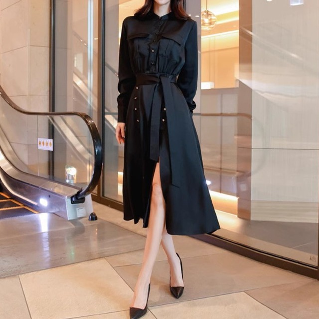 Collarless elegant strap middle shirt dress