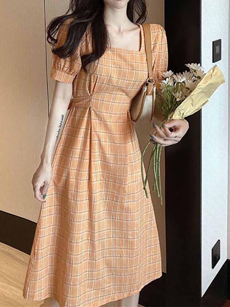 チェック柄スクエアネックワンピース お出かけコーデ レトロ可 愛い ミモレ丈 大きいサイズ 韓国 Ch4409 可愛い大きいサイズ韓国レディースファッション通販 Chulachula チュラチュラ