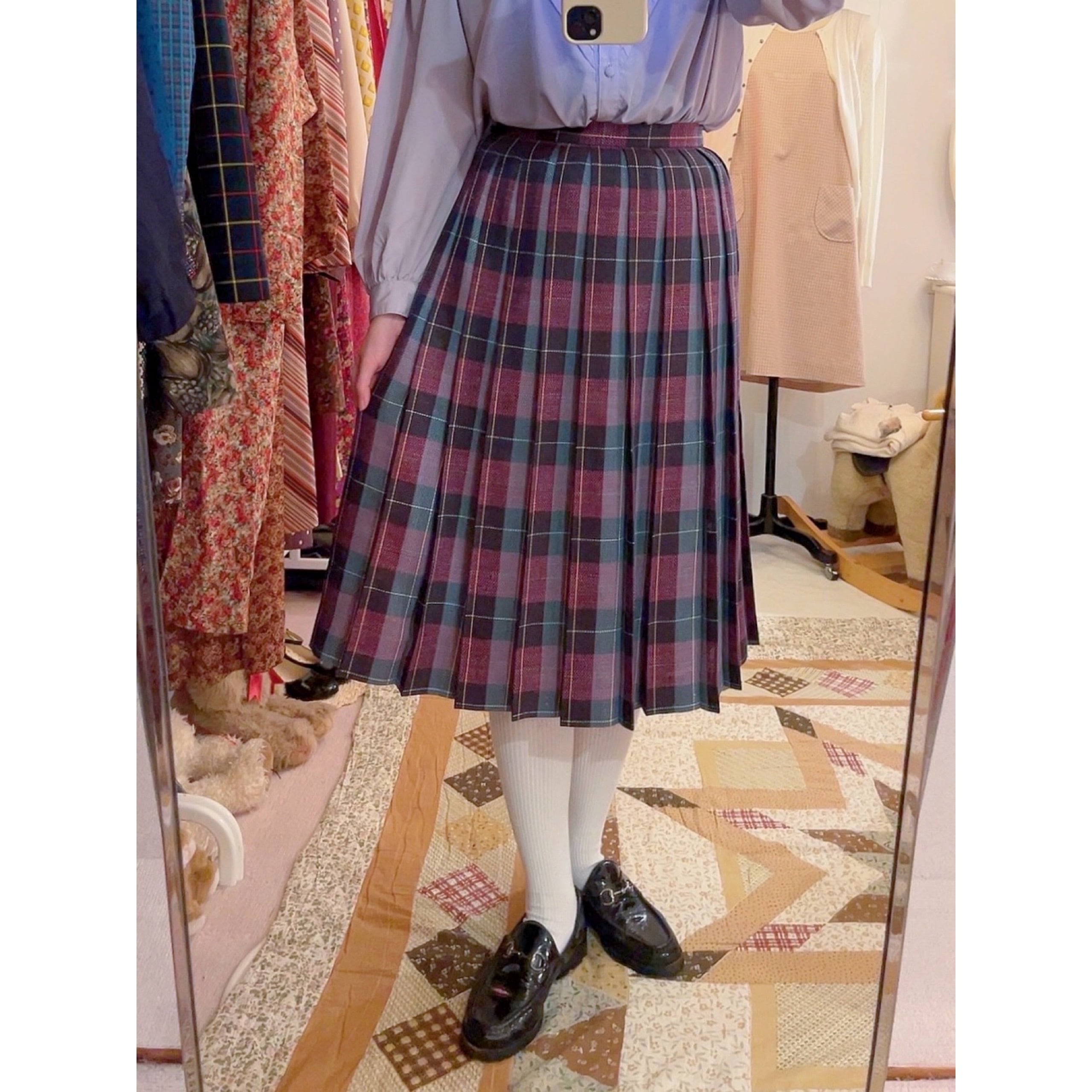 pink green check pleats skirt