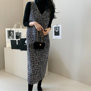 V cut tweed dress<d681>
