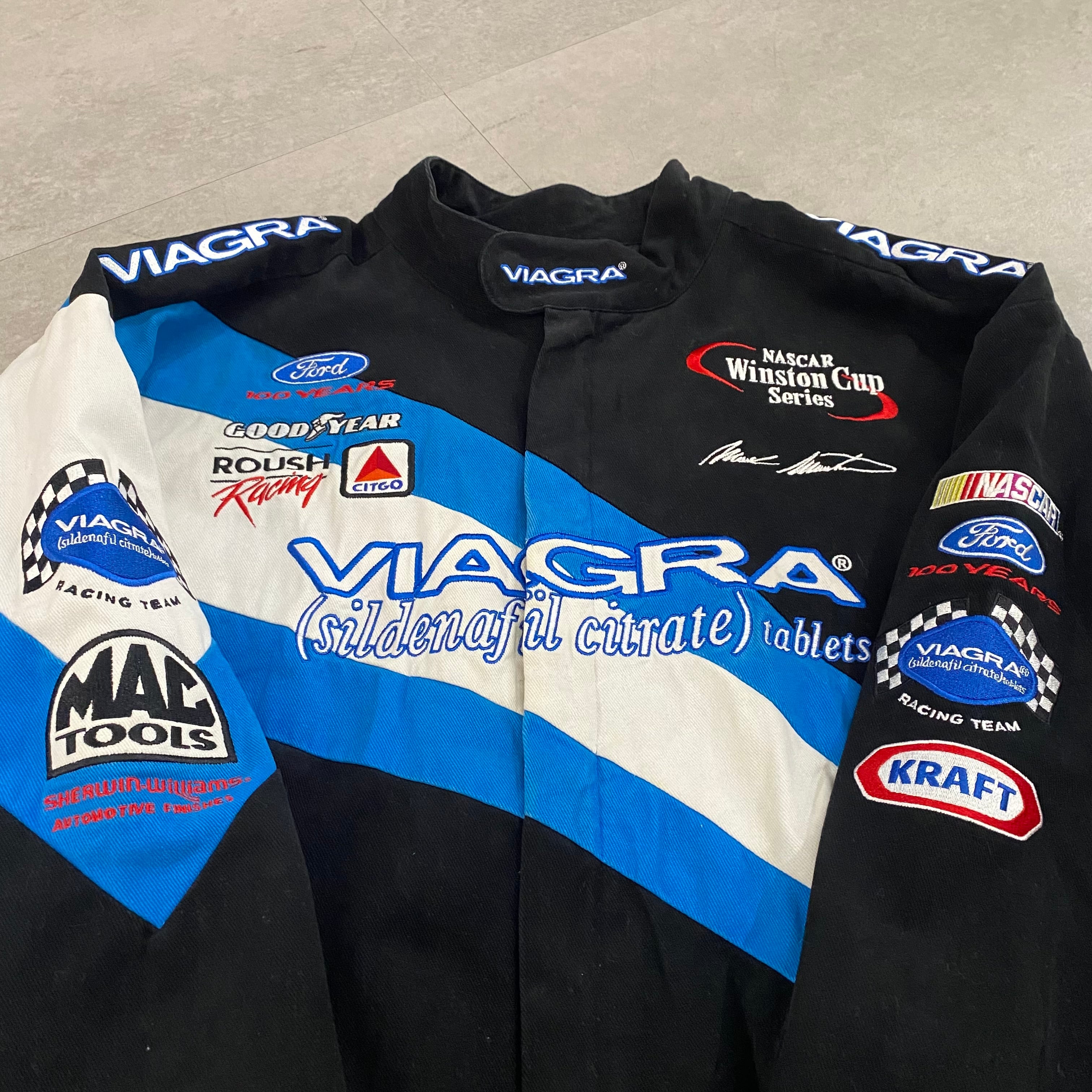 超人気 ROUSH レーシング ジャケット NASCAR 刺繍 青 黒 古着 asakusa