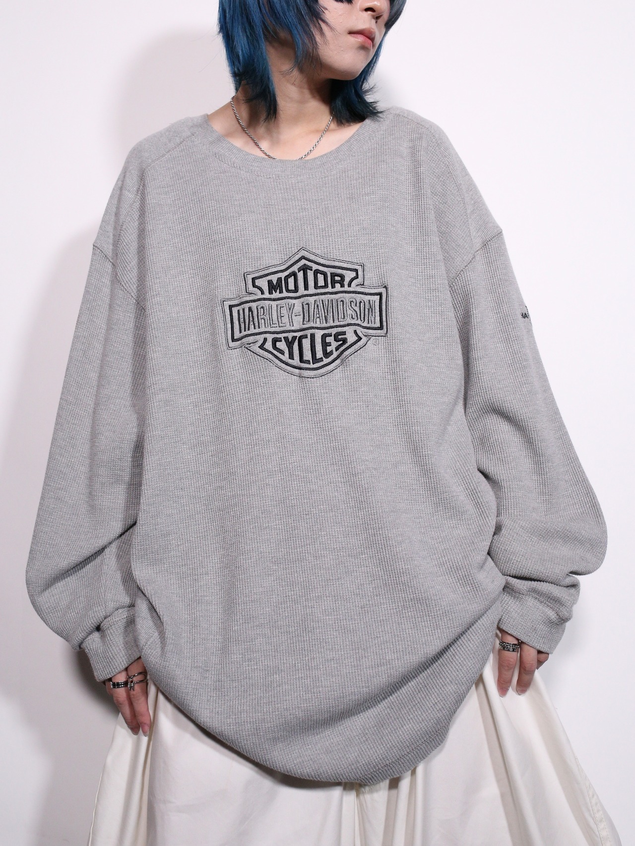 “HARLEY-DAVIDSON”  刺繍 logo waffle long sleeve gray - 1