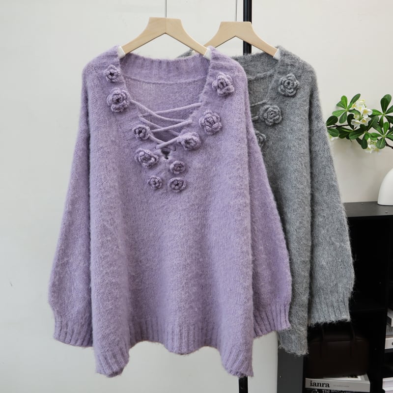 【tops】立体感バラVネックセーター Q6494