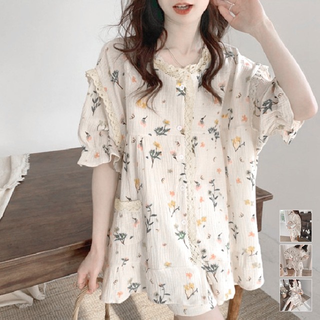 [セットアップ] ルームウェア 花柄ワンピース 夏服 可愛いパジャマ 半袖 レディース ショートパンツ 長袖トップス ロングパンツ ロングガウン ナイト 3タイプ
