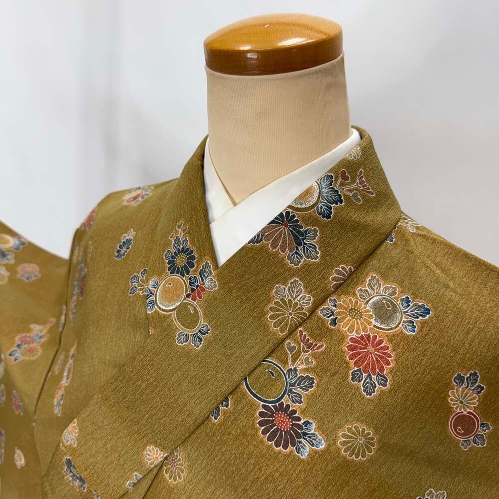 小紋 単衣 洗える着物 幅広 大きい 裄65.7cm 身丈157.5cm 花柄 お洒落着 普段着 ポリエステル 茶 美品 M サイズ 4603