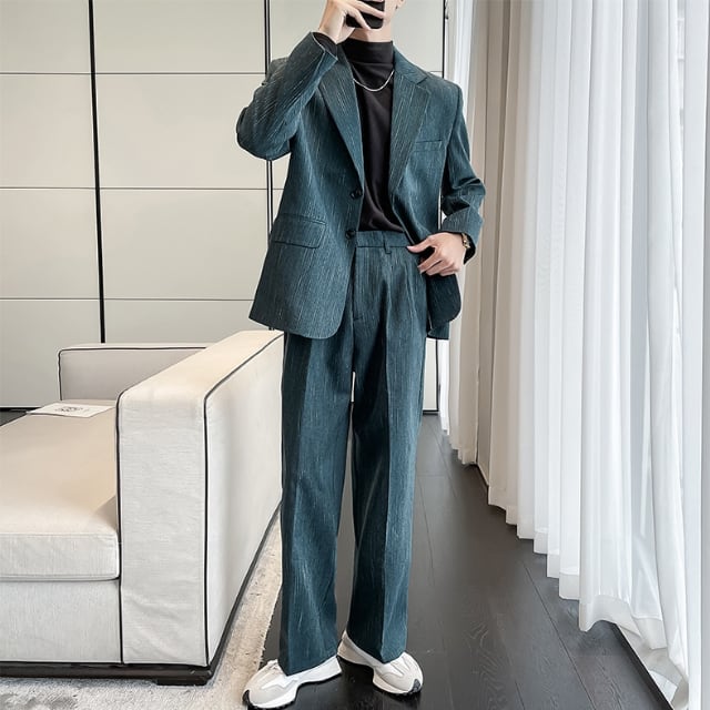 【予約販売】メンズ セットアップ スーツ ストライプ柄 シック 男前 ハンサム グリーン ジャケット パンツ セットアップ ビジネス 通勤 フォーマル パーティ 二次会 同窓会 結婚式 韓国 トレンド 春 秋 夏大きいサイズ M/L/XL/2XL