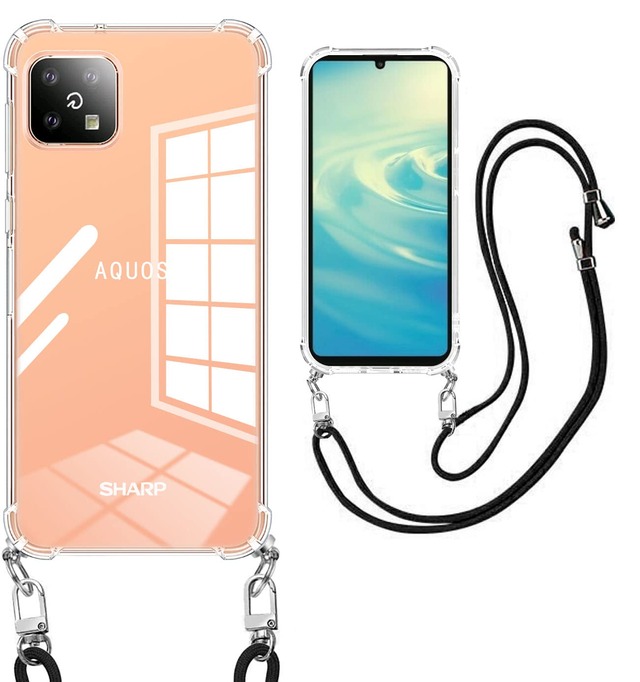 AQUOS sense6 AQUOS sense6s ケース ショルダー SH-54B SHG05 SH-RM19 SH-M19 SHG07 カバー 耐衝撃クリア tpu バンパー 肩掛け 斜めかけ 首掛け 縄掛け カバー 透明 アクオスセンス 6 / 6sスマホケース ック ストラップ付き 斜めがけ 織りストラップ付き 調節可能なショルダー クロスボディ ネックレス 保護ソフト 韓国 薄型 軽量 衝撃吸収 レンズ保護 -透明 【縄掛け-ブラック 】