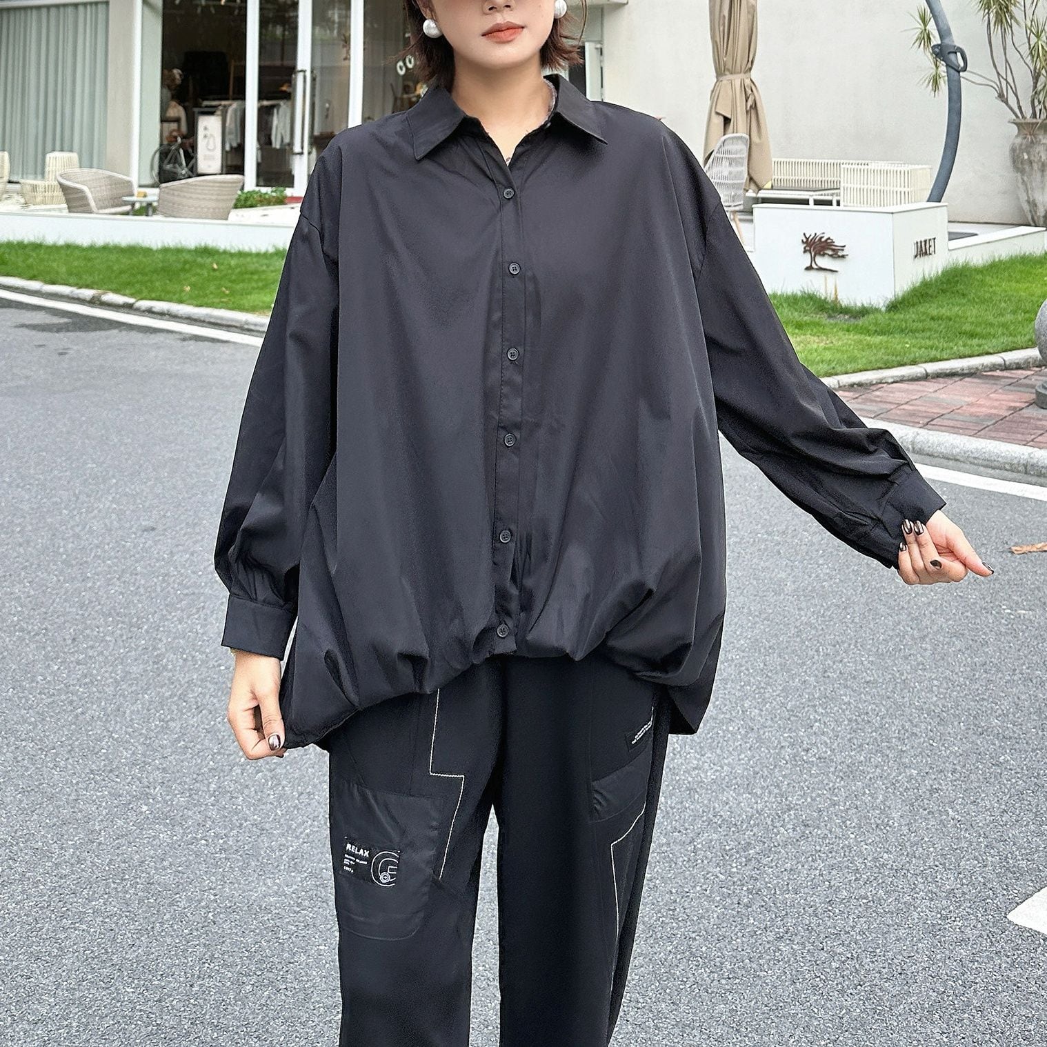 RUCHED LONG SLEEVE RELAXED FIT SHIRT TOP M-18485