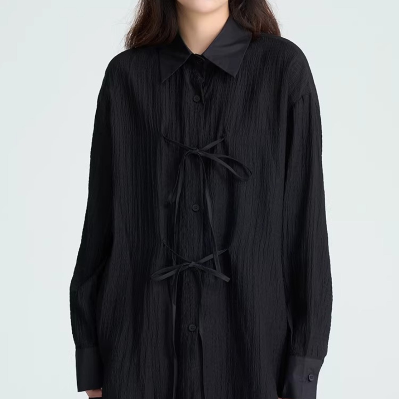 Textured Fabric Tie-Bow Shirt (ME252)