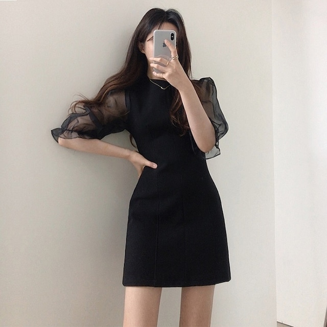 夏ワンピース 夏ワンピ ワンピース ワンピ レディース 女性用 黒 黒ワンピース 黒ワンピ 半袖 ミニ丈 ショート丈 シースルー 袖シースルー パフスリーブ 丸襟 Uネック デート 食事会 女子会 お呼ばれ パーティー 定番 人気 シフォン オススメ 夏 トレンド お洒落 大きい