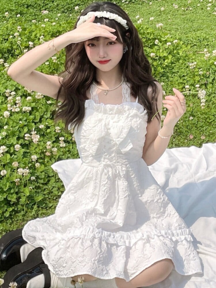夏ロリータサスペンダードレス女性スウィートソリッドホルターカラーパーティーJSKドレスガールレースフリルスリムVestidos ラッフル 大人ガーリー キュート カジュアル サマー 夏物 ソリッドカラー ロリータ 0058842177860548 | BAE ON