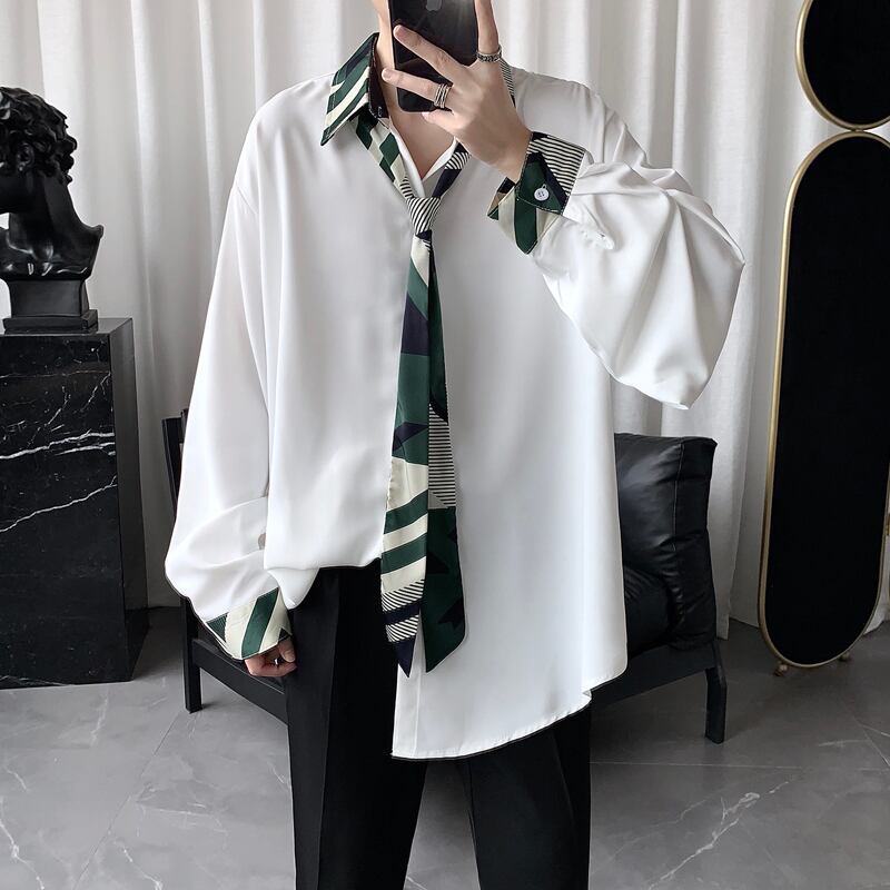 Wmnrシリーズ ネクタイ付きシャツ トップス 男女兼用 ホワイト 白い プリント カジュアル M L Xl Elegant
