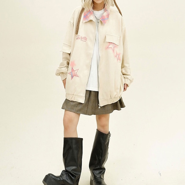 チェックスターパッチデザインブルゾン 2col R01129