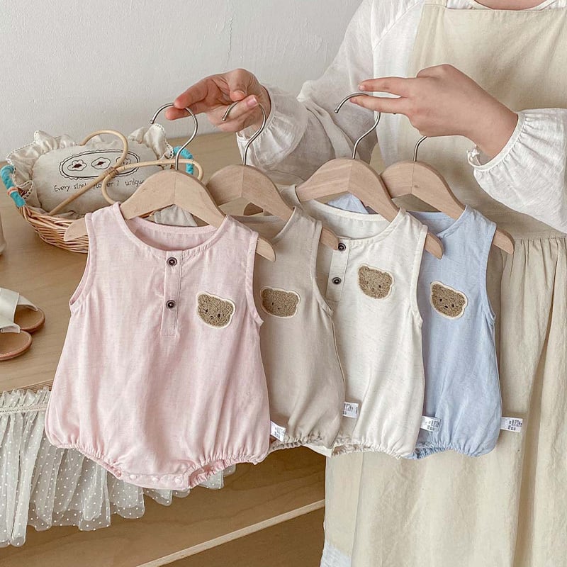 BABY】夏作クマ刺繍ノースリーブロンパース | 韓国子供服通販 - Baker