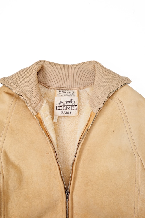 [1970s-80s] "HERMÈS" Agneau Mouton Bomber Jacket with 100% Wool Ribbing (Made in Belgium)