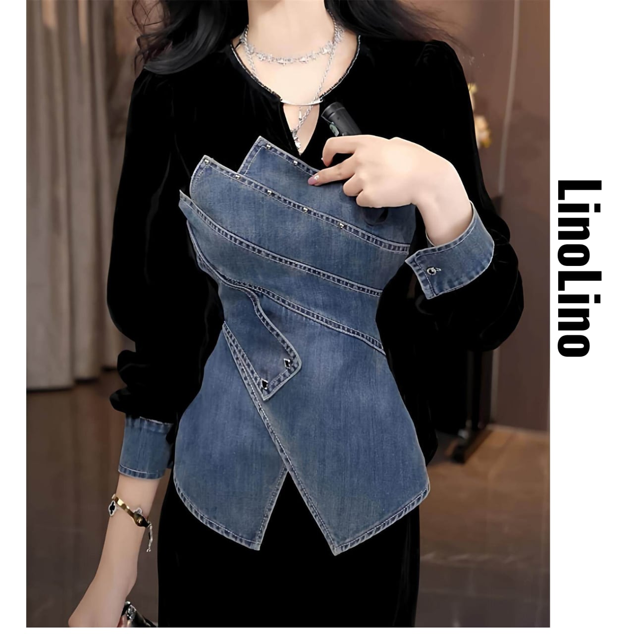 Denim Switch Long Sleeve Midi Tops L00763