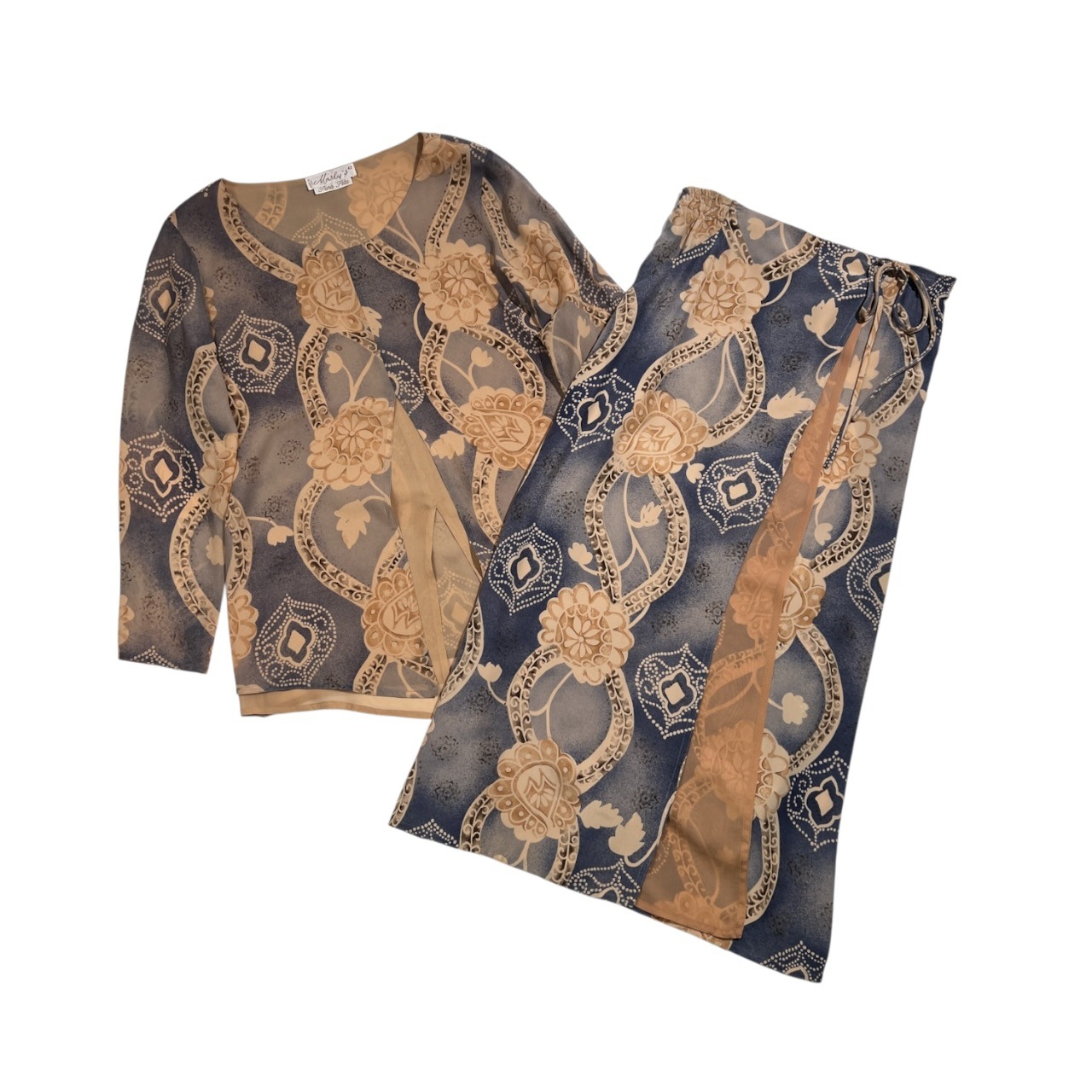 上下 イタリア製 シルク100% Marly's マルリーズ 総柄 セットアップ 長袖 ブラウス スカート 42 /レディース レトロ