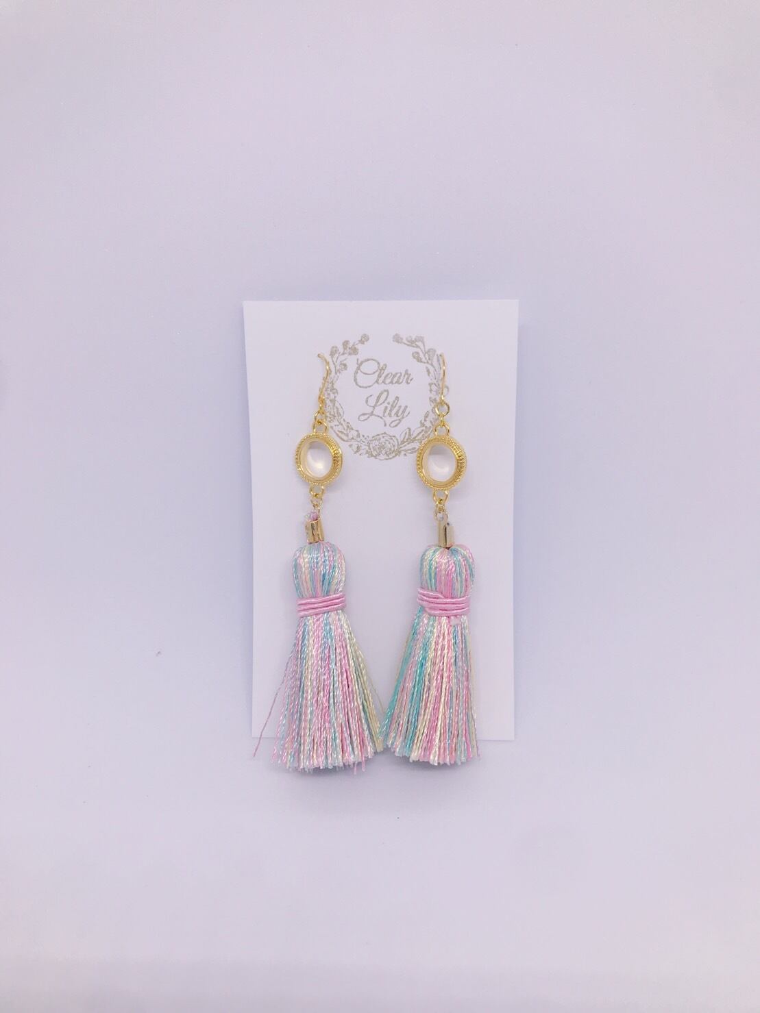 レインボーマルチカラーのパステルタッセルピアス♡K14GF | Clear Lily
