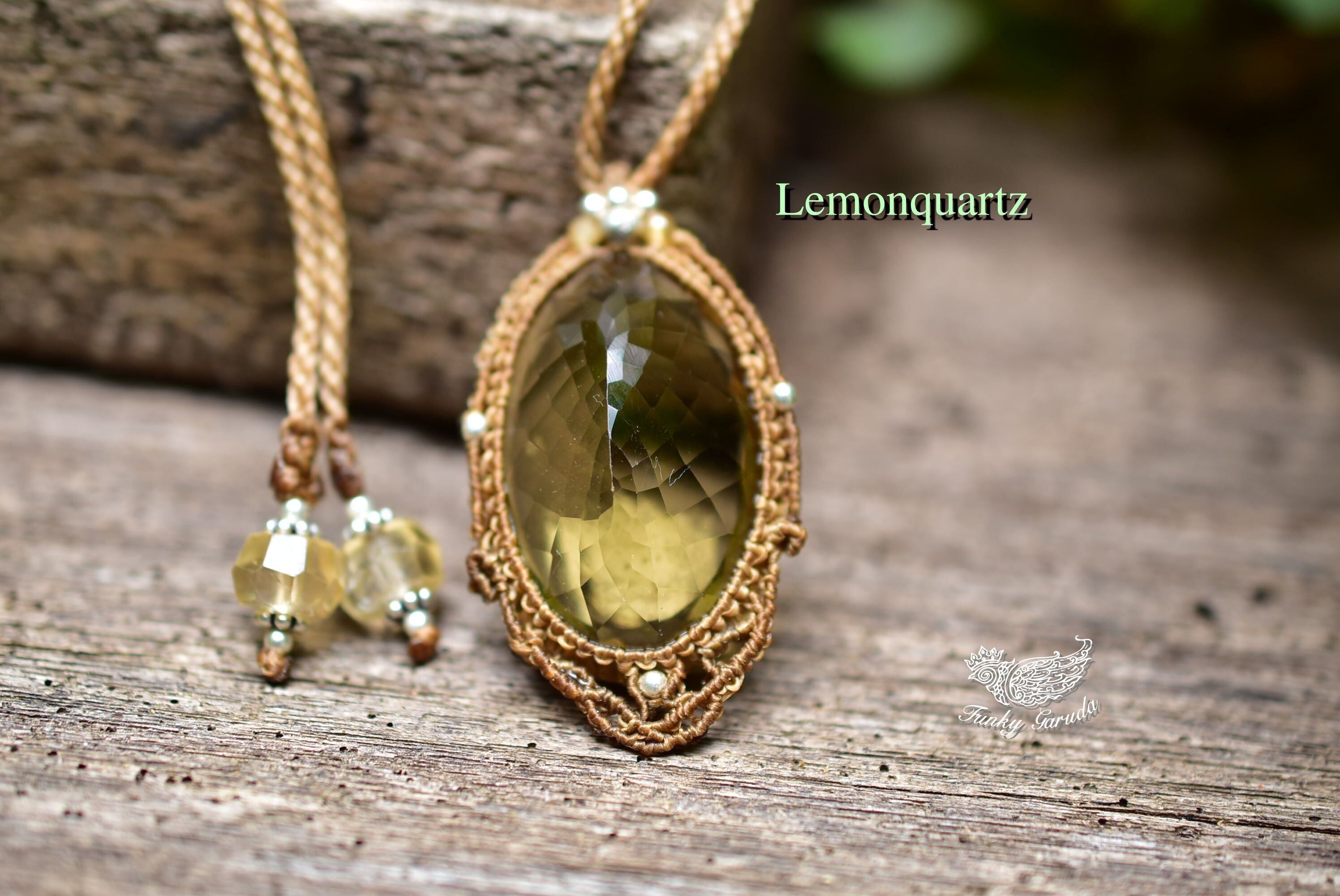 麗しいレモン★55ctファセットカット レモンクォーツマクラメペンダントlemon007