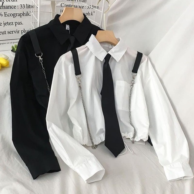 天使と悪魔 病み可愛い ツーピース シャツ メタルチェーン ネクタイ ワイドパンツ Darkness ゴスロリ 地雷系 原宿系 ストリート系 韓国系 10代 代 天使と悪魔 サブカル系ファッション Seasonz