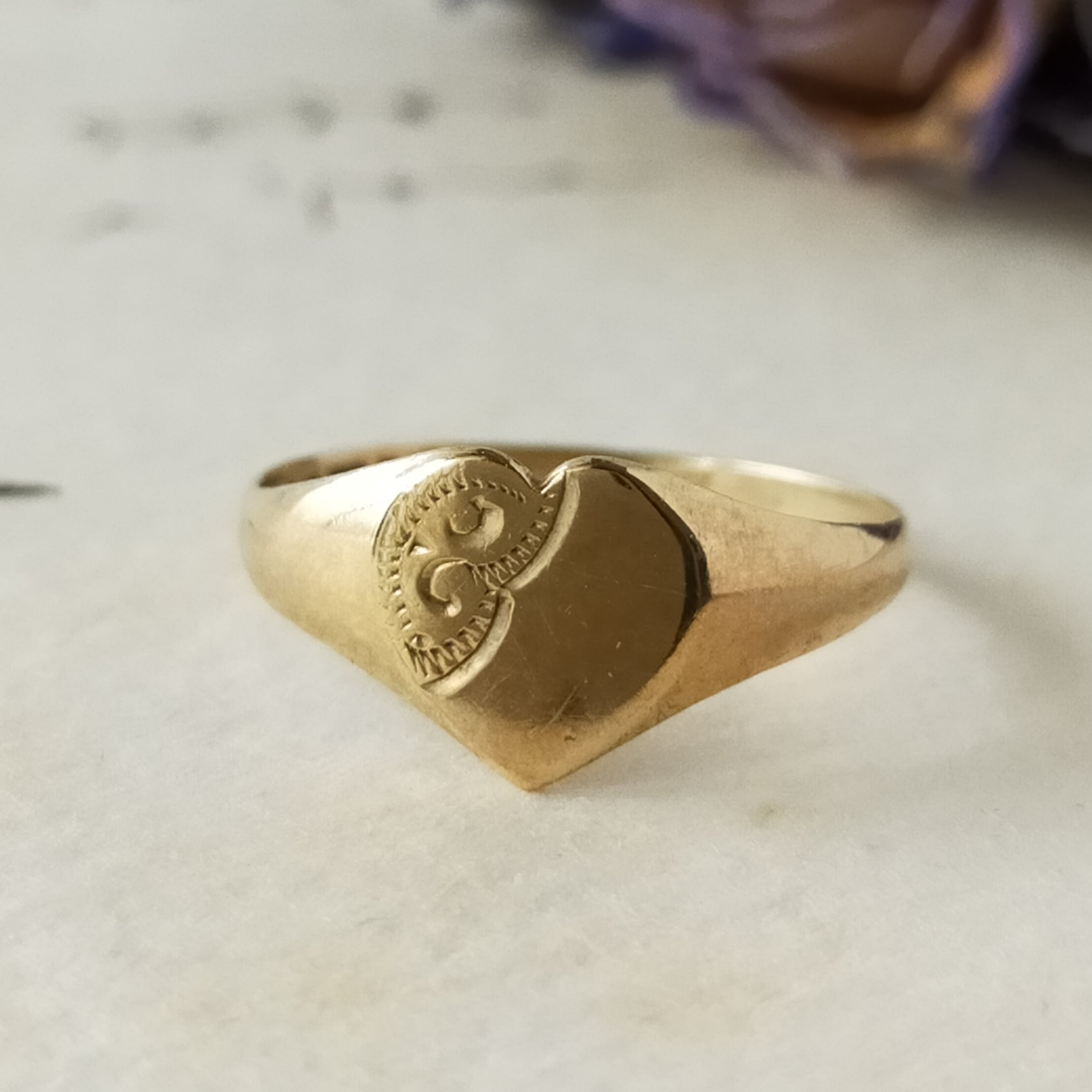 英国 1980年 ヴィンテージ 9kゴールド ハート シグネットリング