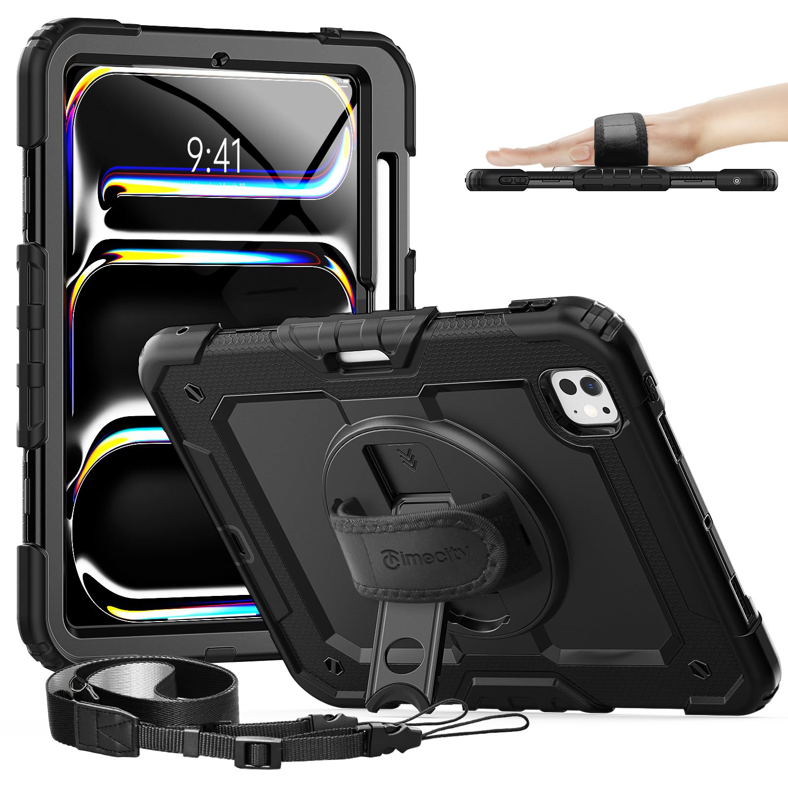 Timecity iPad Pro 11インチ (M5/M4) 第5世代 専用ケース 耐衝撃 ハンドグリップ/ショルダーストラップ付き ブラック