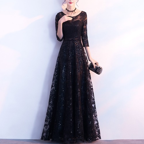 ドレス ワンピース ロング丈 スパンコール ラウンドネック 七分袖 レース 透け感 刺繍 ビスチェ風 ウエストリボン お呼ばれ パーティー フォーマル レディース　BADA0134