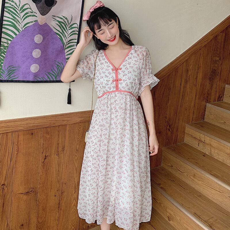 【新作】【送料無料】 マタニティウェア2020夏の新しいシフォンフローラルディスクボタンVネックドレス、トレンディなマザーミドル丈、年齢を減らすマタニティドレス-アリババ サマー 夏物 花柄 expec215003311120