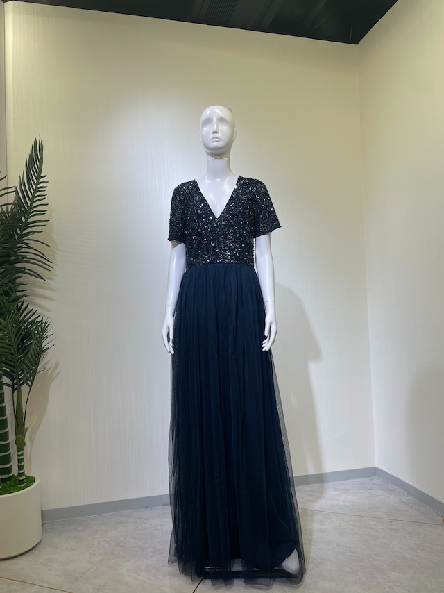 【新品DRESS 1927】総スパンコール Vネック チュールスカート ネイビー 大きいサイズ フレア ロングドレス インポートドレス 海外ドレス【MAYA DELUXE】
